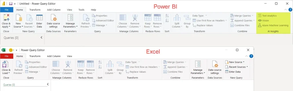 Power Query Editor ribbon comparison showing Power BI (top) with AI Insights tab versus Excel (bottom) with fewer options