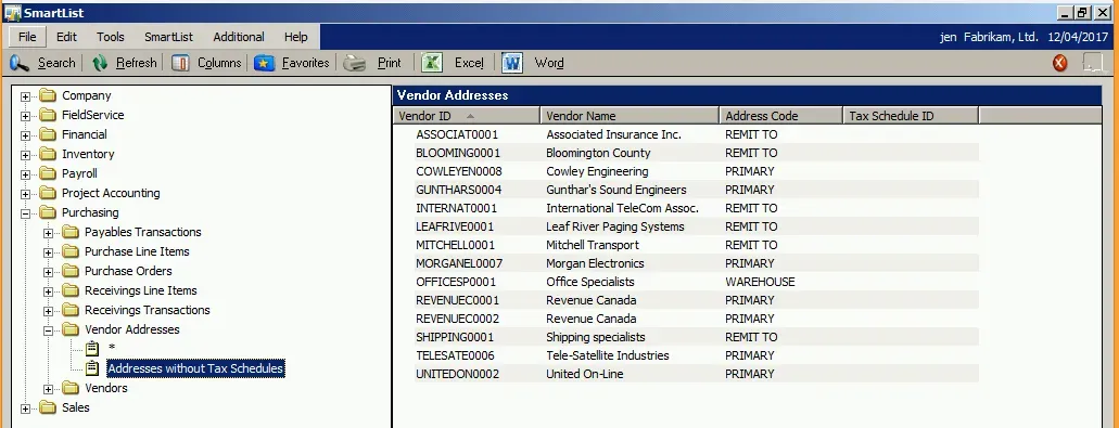 An example of my SmartList reminder in Fabrikam, vendors without a tax schedule.