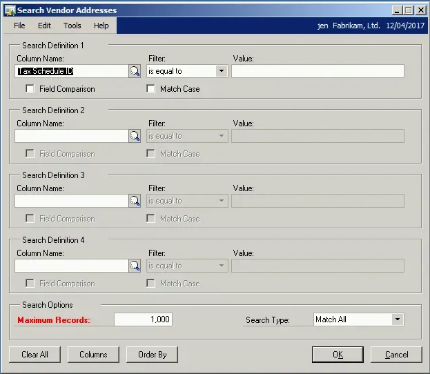 SmartList search for Tax Schedule ID is equal to <blank>.” loading=”lazy”><figcaption><span style=