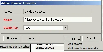 Saving a favorite in GP with the choice of Add Favorite or Add Favorite and Reminder.