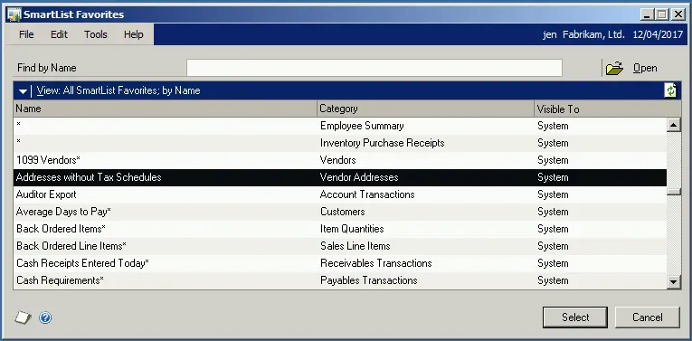 SmartList Favorites lookup shows all favorites by category.