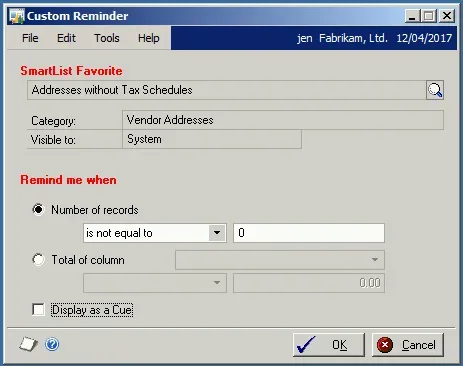 A completed Custom Reminder on Vendor Addresses to remind me when the number of records is not equal to 0 (zero).