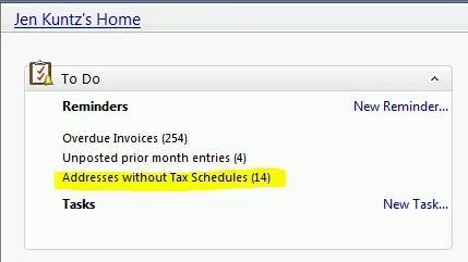 My home page in GP with one reminder highlighted showing 14 vendors with no tax schedule.