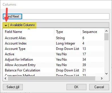 SmartList columns window