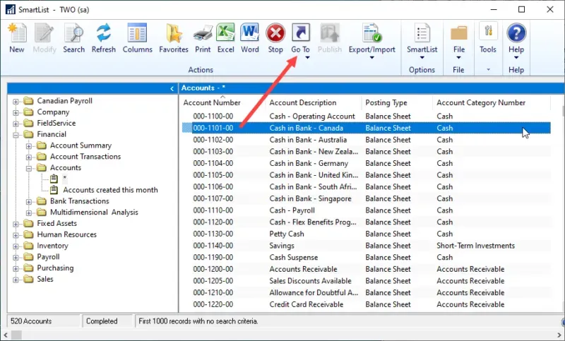 GoTo button on SmartList toolbar