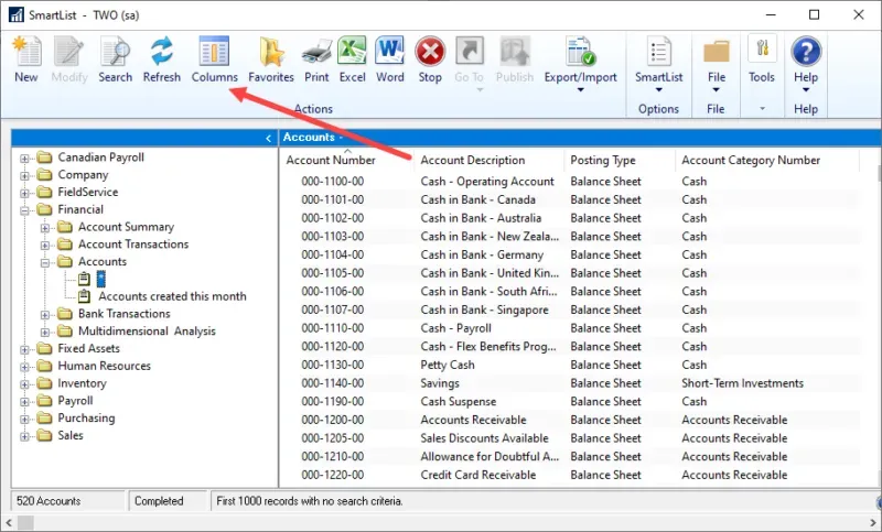 SmartList toolbar - Columns