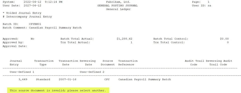General Posting Journal report in Dynamics GP showing error message "This source document is invalid; please select another"