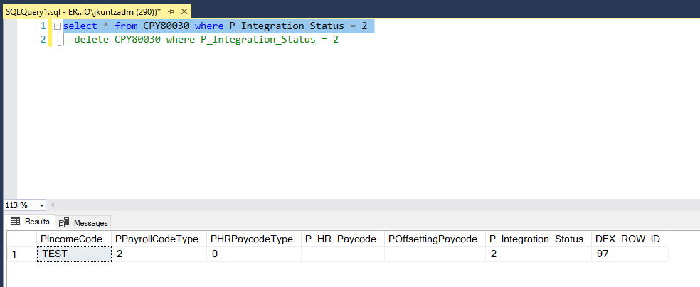 The result of the SQL query shows the newly added TEST benefit code in the table is incomplete.