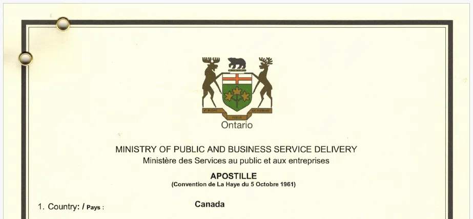 The top section of the Apostille showing the Province of Ontario emblem, "Ministry of Public and Business Service Delivery", Country Canada, referencing the Hague convention October 5, 1961.