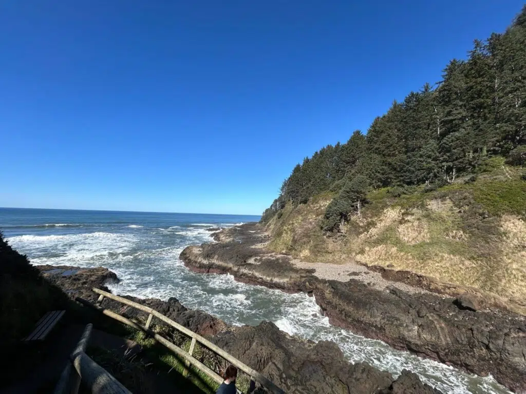 Rocky coastline at Devil's Churn on the Oregon Coast Highway with crashing waves, forested cliffs, and clear blue sky.