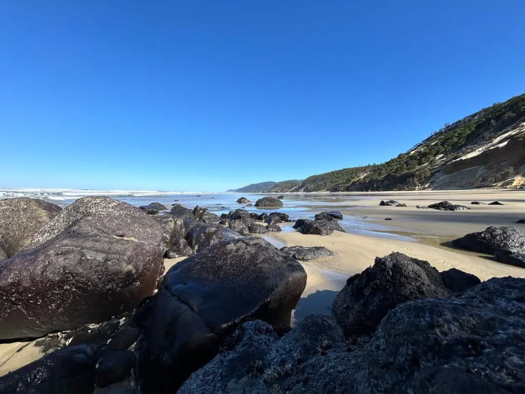 Rocky shoreline at Hobbit Beach, Oregon with wet boulders on sandy beach, ocean waves, and forested hillside.