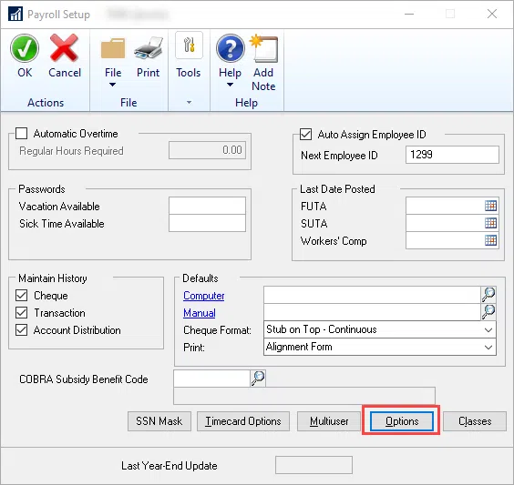 US Payroll Setup window with Options button circled.