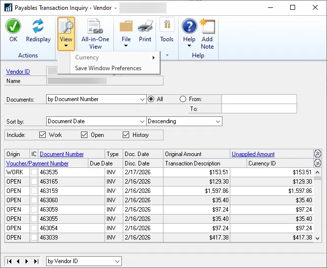 Screenshot of the Payables Transaction Inquiry by Vendor showing the View menu selected and the Currency menu option greyed-out.