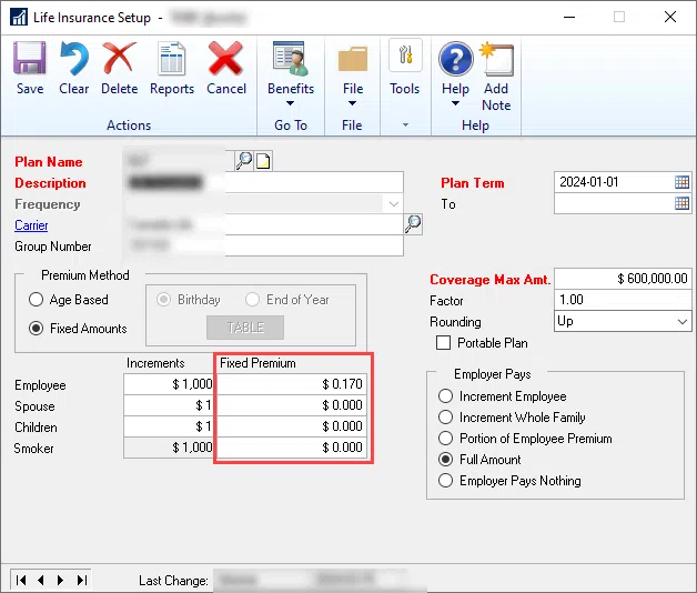 Life Insurance Setup window in Dynamics GP showing Fixed Premium fields highlighted.