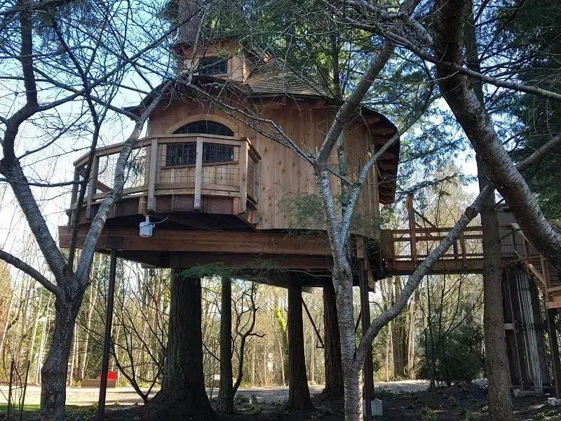 Elevated wooden treehouse with cylindrical design, curved balcony, and shingled turret roof at Microsoft Redmond campus