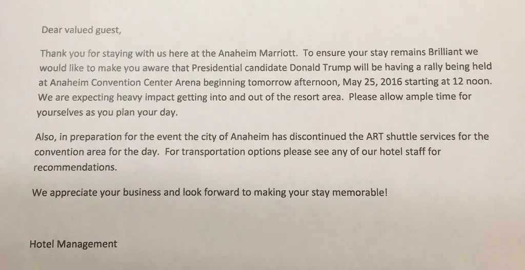 Hotel guest notification re: Trump rally